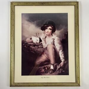 VTG Boy with Rabbit Print By Henry Raeburn Matted Gold Frame 17.5” x 21.5”